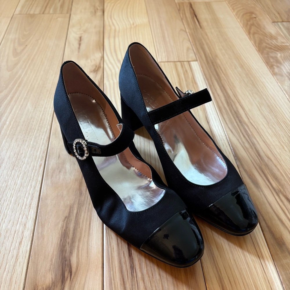 J. Crew Millie Mary Jane Black Satin Patent Leather Cap Toe Heels